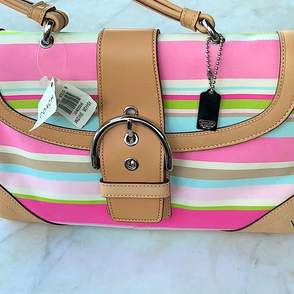 COACH HAMPTON STRIPE VACHETTA HAND BAG NEW WITH TAGS VINTAGE PINK - Picture 13 of 15